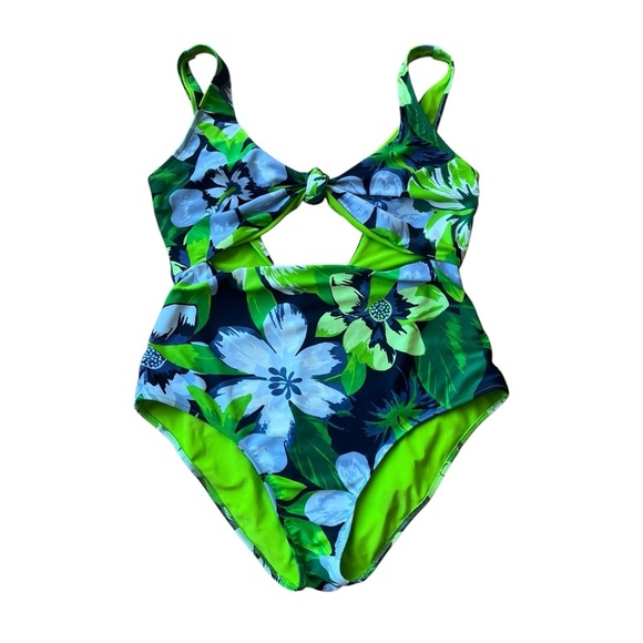 Aerie One Piece Swimsuit L Tropical Floral Green Blue Cutout Bathing Suit - Picture 2 of 12